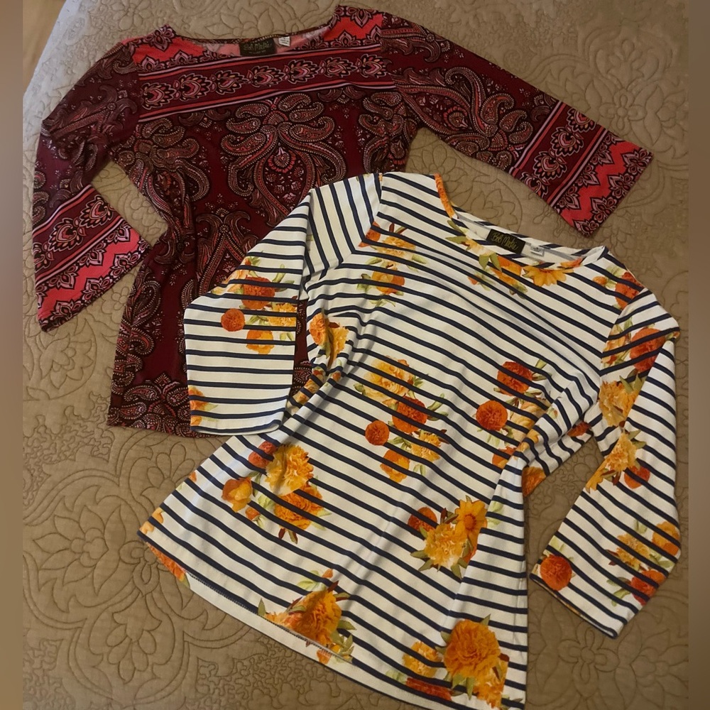 Bob Mackie Lot of 2 Knit Tops, Navy Striped Floral, Burgundy Paisley, Size S